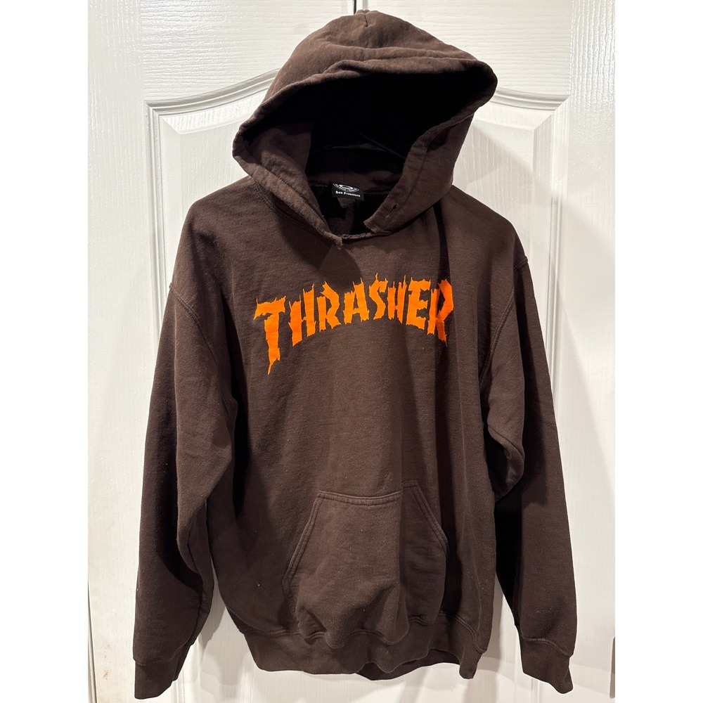 Thrasher Magazine Flame Logo Hoodie Brown Men's Burn it Down Graphic Sweatshirt